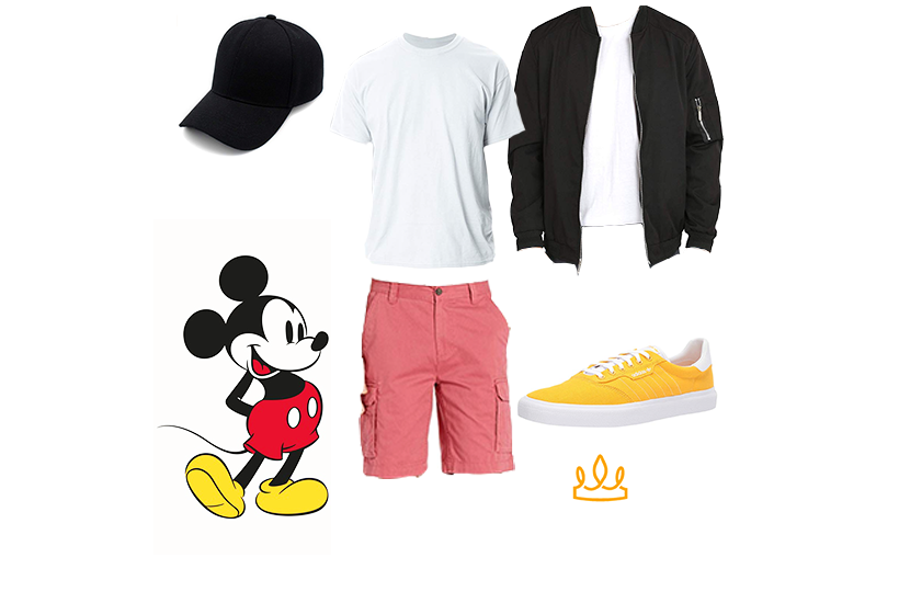 Mickey Mouse DisneyBound - men's casual weekend outfit with red shorts, black bomber jacket, and yellow shoes