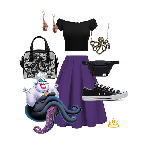 Ursula Disneybound - octopus handbag purple skirt black off-the-shoulder top black Converse