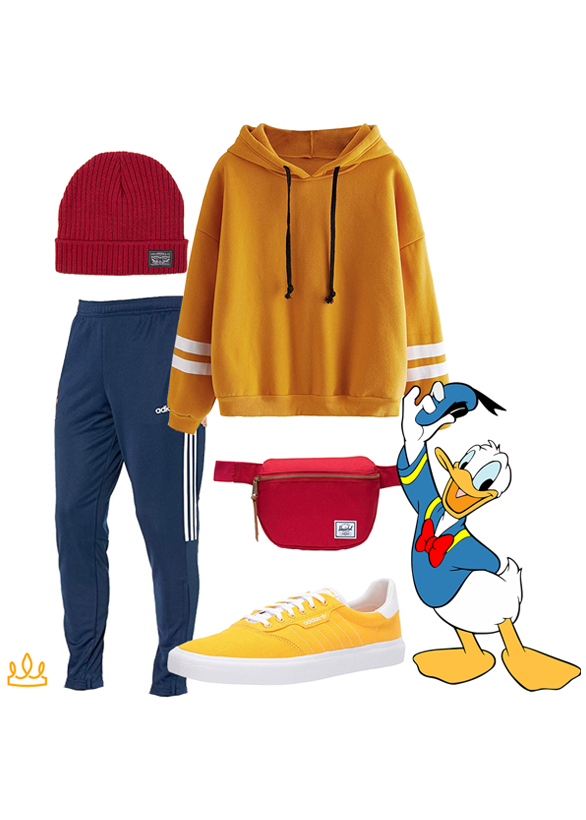A Donald Duck DisneyBound with a yellow pullover, blue joggers, and a red pack.