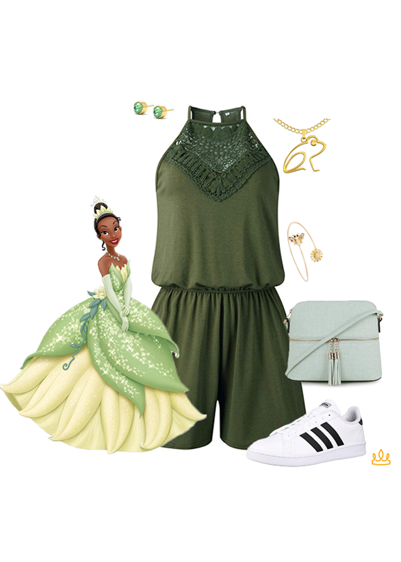 Tiana DisneyBound: Green romper, frog necklace