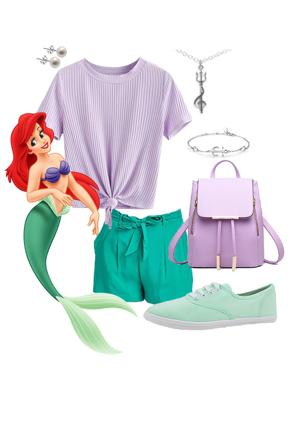 An Ariel DisneyBound is as easy as green shorts and a cute purple top! Add a few seaworthy accessories, and you're good to go!