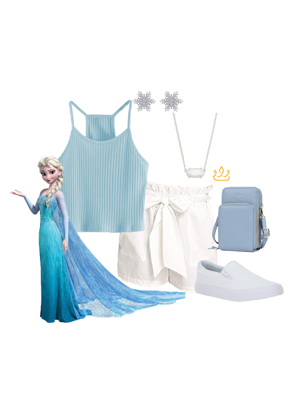 Elsa DisneyBound with blue crop top and white shorts. Great for a casual day at the parks!