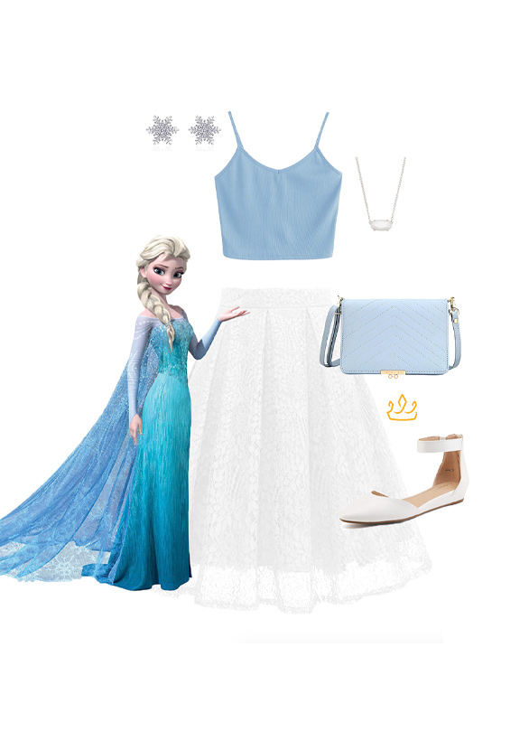 Date Night with an Elsa DisneyBound. A white skirt, blue strappy tank, and some cute flats give a twinkle to your next night out.
