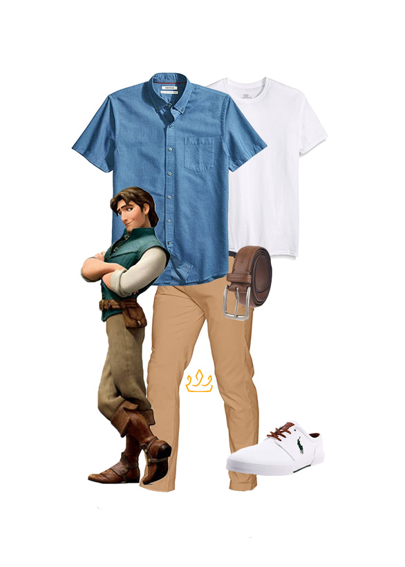 Flynn Rider DisneyBound with blue oxford shirt and khaki pants. Perfect for parks or office!