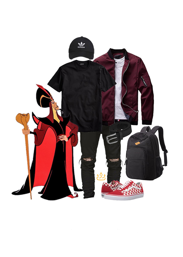 Jafar Disneybound with maroon bomber jacket, black jeans, and black t-shirt.